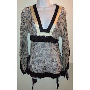 Bebe Bell Sleeve Tunic Goth Black White Sheer Silk Kimono Style Floral Asian
